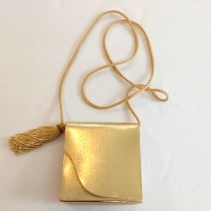 Y & S| Elegant Gold Boxy Mini Hardside Evening Bag With Cord Strap Sz. Small